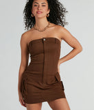Step into seasonal chic with the Sensational City Girl Strapless Cargo Mini Dress, a brown mini dress featuring an above-the-knee cut ideal for cocktail parties, festive gatherings, or clubwear.