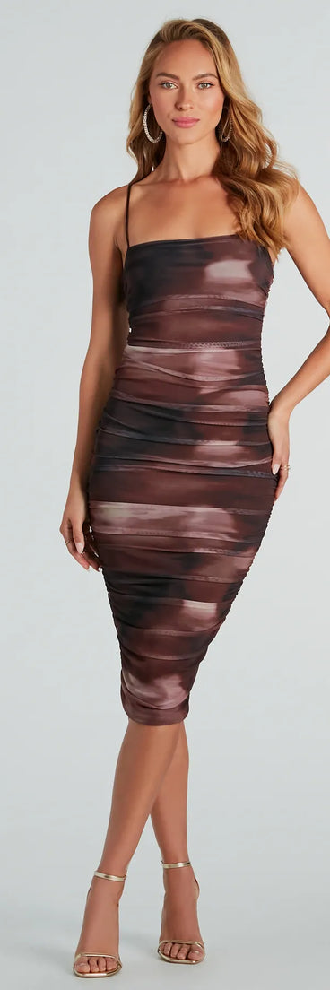 The midi dress length on the Abstract Babe Ruched Mesh Midi Dress provides an elevated silhouette perfect for any party, occasion, or everyday styling.