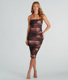 The midi dress length on the Abstract Babe Ruched Mesh Midi Dress provides an elevated silhouette perfect for any party, occasion, or everyday styling.