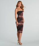 Make a bold statement in the Abstract Babe Ruched Mesh Midi Dress in brown, the perfect summer dress for weddings, cocktail hours, nights out, and/or seasonal celebrations.