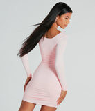 Smooth Silhouette Long Sleeve Ruched Mini Dress in pink, a stunning casual dress with a flattering fit and romantic details, perfect for date night or bachelorette celebrations.