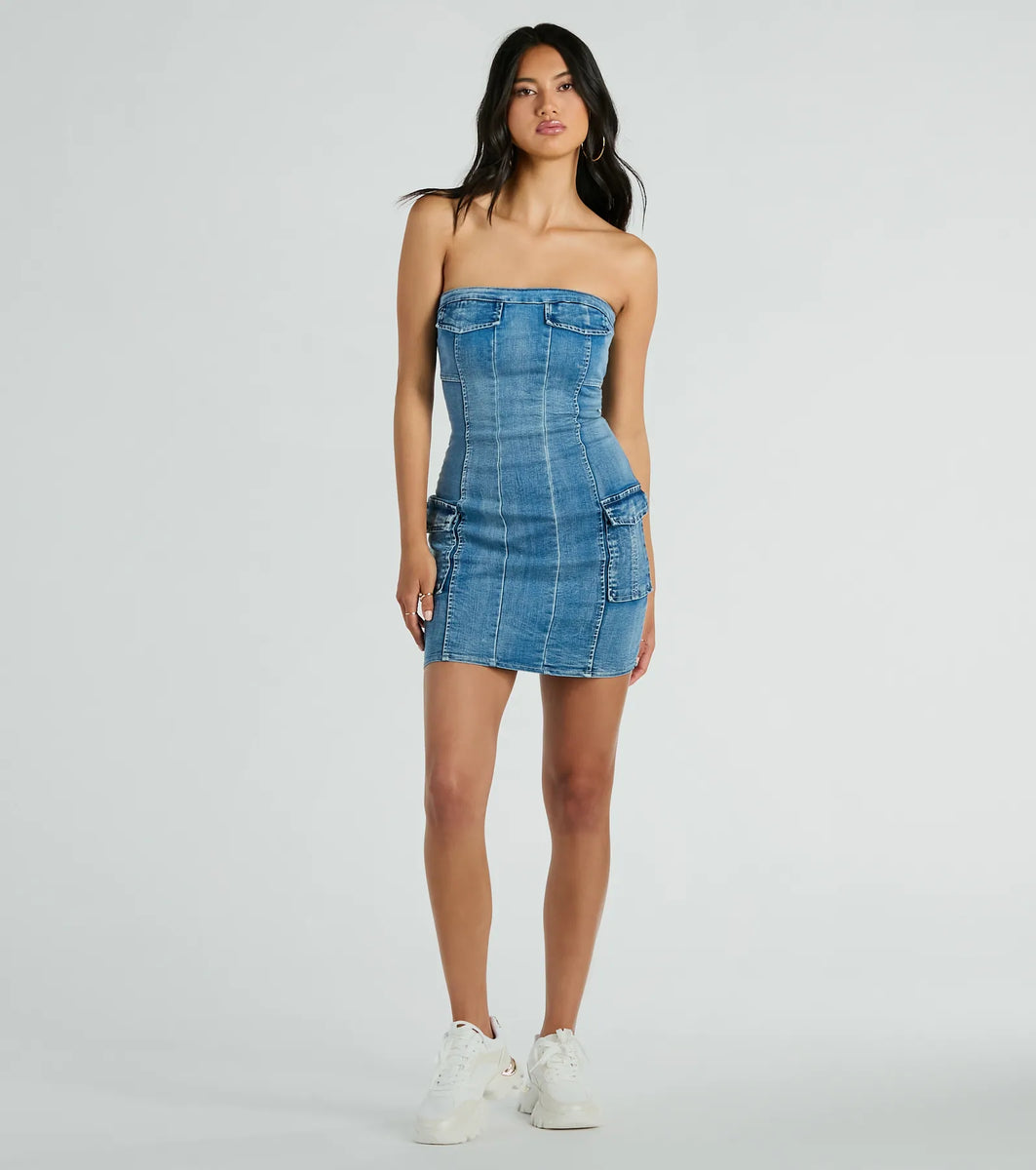 Trendy Girl Next Door Strapless Denim Mini Dress & Windsor