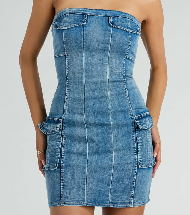 チューブトップ ベアトップ DENIM DROPSHOULDER MINI DRESS Jumbo Crystal Denim Mini Dress (AWDR0025DE01-BLUE-MEDIUM-WASH)