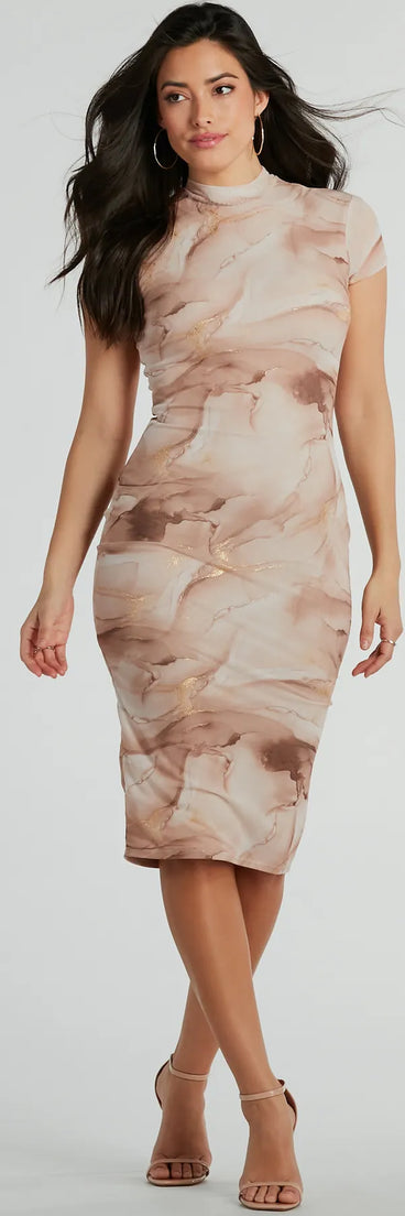 The midi dress length on the Modern Masterpiece Short Sleeve Marble Midi Dress provides an elevated silhouette perfect for any party, occasion, or everyday styling.