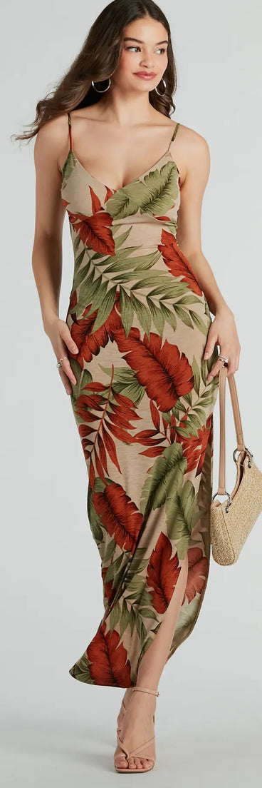 The Vacay Vibes High Slit Tropical Knit Maxi Dress is a casual dress for more than special occasions with a fitted or flowy silhouette and accents in the most recent trends!