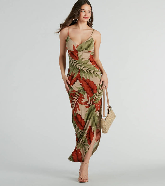 The Vacay Vibes High Slit Tropical Knit Maxi Dress is a casual dress for more than special occasions with a fitted or flowy silhouette and accents in the most recent trends!