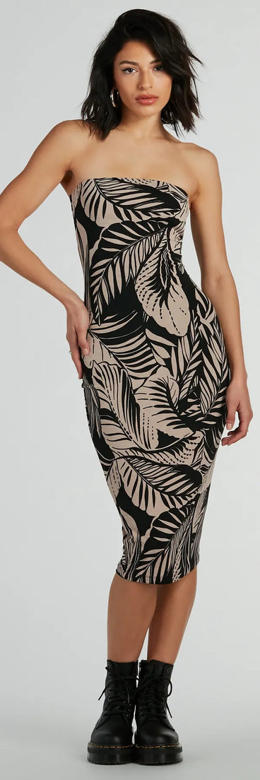 Dreamy Escape Strapless Tropical Midi Dress