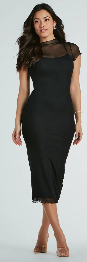 Celebrate in style with the Sheer Exellence Mock Neck Bodycon Mesh Midi Dress, a black formal wedding guest dress featuring an elegant silhouette and luxe details, perfect for a black-tie celebration.