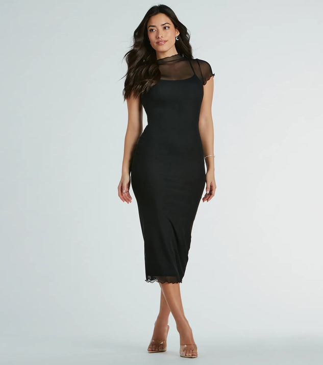 Celebrate in style with the Sheer Exellence Mock Neck Bodycon Mesh Midi Dress, a black formal wedding guest dress featuring an elegant silhouette and luxe details, perfect for a black-tie celebration.