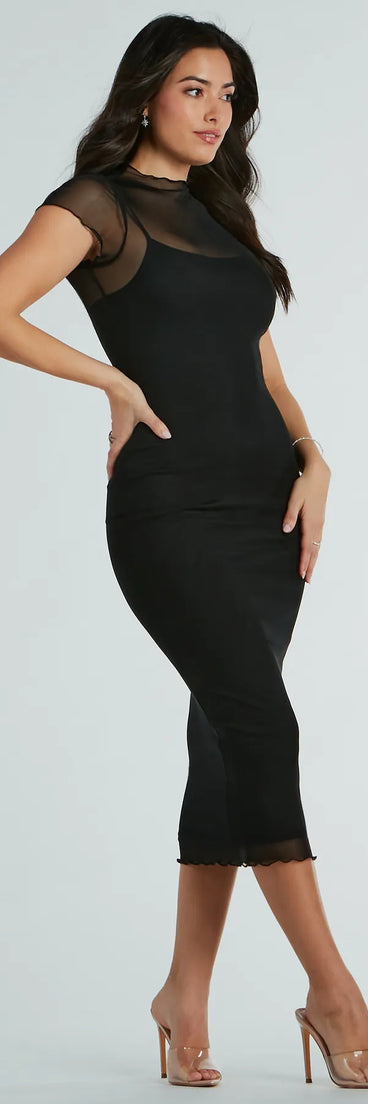 The Sheer Exellence Mock Neck Bodycon Mesh Midi Dress in black is a women's workwear piece offering a trendy style and unique accents, perfect for effortlessly creating an outfit-of-the-day look that transitions your office look to going-out ready.