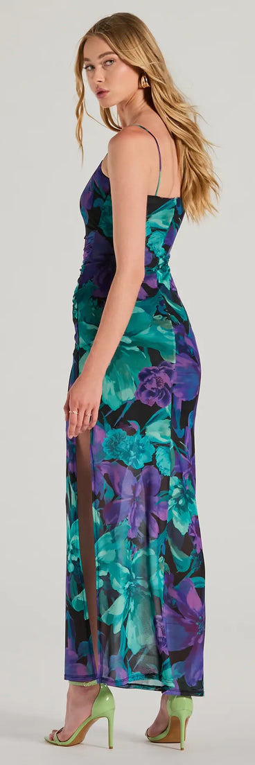 Make a statement in the Vacay Mode Tropical Floral Mesh Maxi Dress, a blue bodycon dresses that blends unique design details with a tight silhouette for a head-turning holiday or New Year's eve dress.