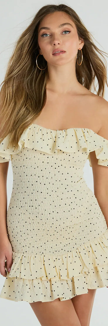 The Best Spot To Be Off-The-Shoulder Polka Dot Mini Dress is a mini dress that will make a statement with its short hemline and on-trend details to have you ready for any event!