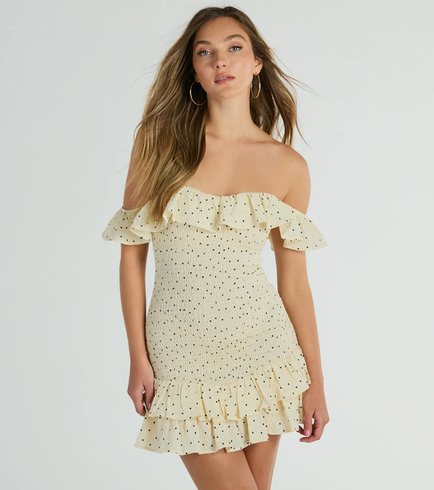 The Best Spot To Be Off-The-Shoulder Polka Dot Mini Dress is a mini dress that will make a statement with its short hemline and on-trend details to have you ready for any event!