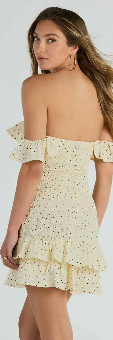 The Best Spot To Be Off-The-Shoulder Polka Dot Mini Dress is a casual dress for more than special occasions with a fitted or flowy silhouette and accents in the most recent trends!