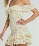 Step into winter chic with the Best Spot To Be Off-The-Shoulder Polka Dot Mini Dress, a natural mini dress featuring an above-the-knee cut ideal for cocktail parties, festive gatherings, or clubwear.
