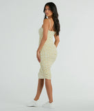 The Smell The Garden Square Neck Floral Midi Dress is a yellow midi dress, featuring an elevated midi-length silhouette perfect for wedding guest attire, romantic date nights, or effortless everyday styling.