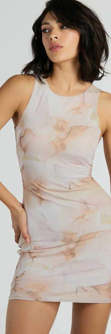 Trendy Icon Marble Print Mesh Bodycon Mini Dress