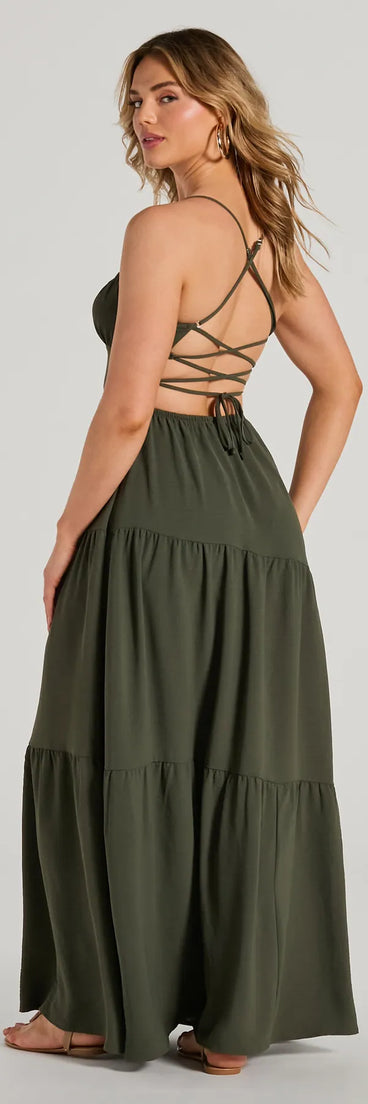 The Coastal Dream Lace-Up Ruffled Maxi Dress is a casual dress for more than special occasions with a fitted or flowy silhouette and accents in the most recent trends!