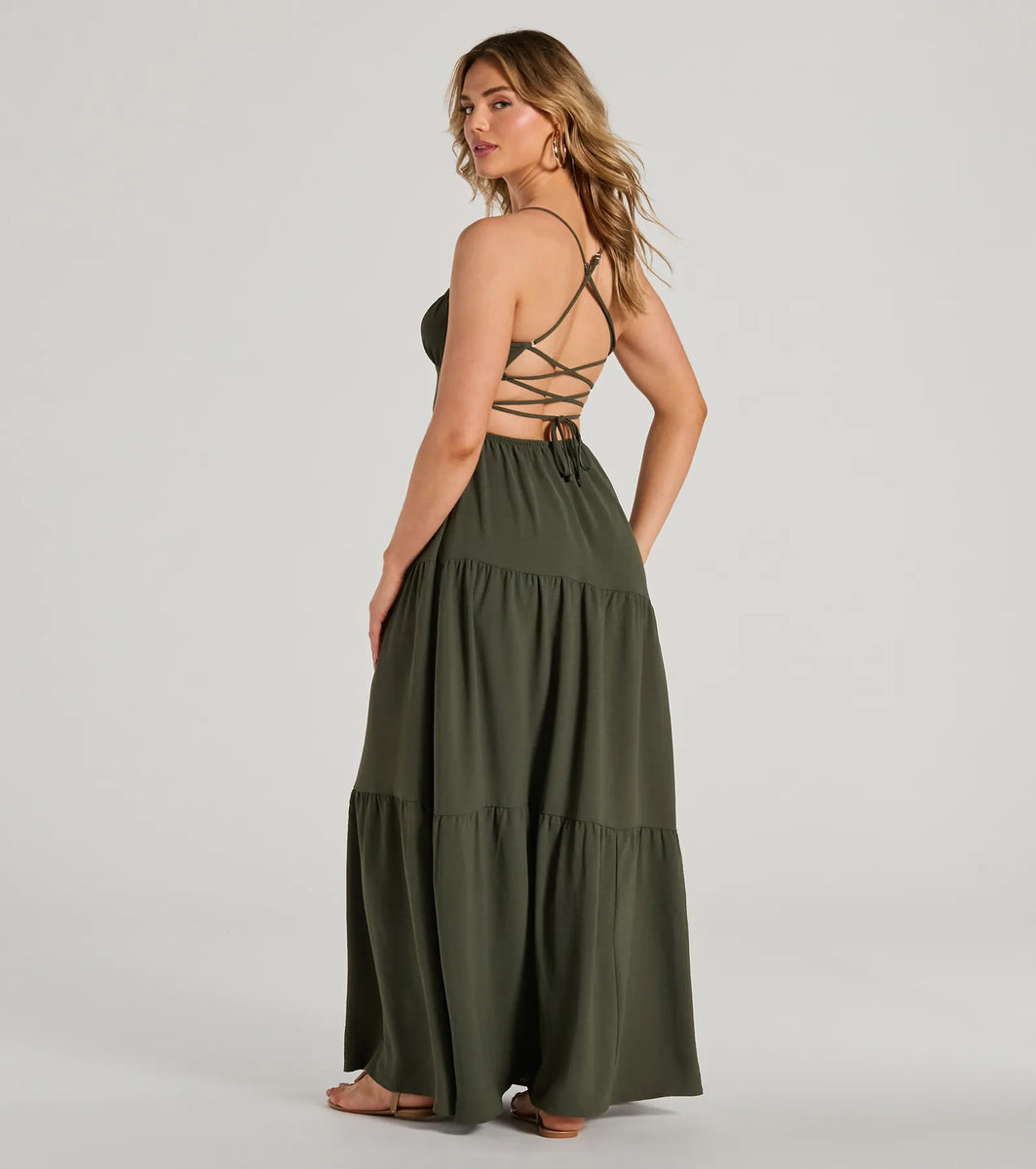Fashionable V-neck Lace-up Ruffled Double-layer Hem Maxi Dress main image 0