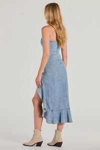 high low denim dress Admiring Style Strapless Ruffle and delicate seam details Temps in the 50s cute summer dress Size:Small(06)