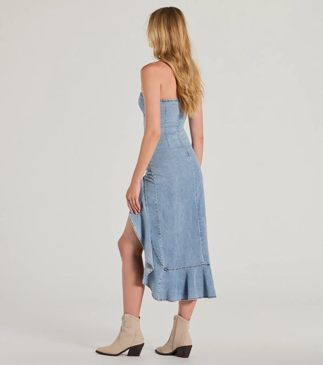 denim high low dress Vashie Sheath ruffle hem Admiring Style Strapless Ruffle High