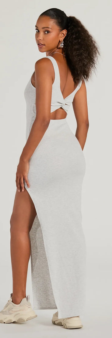 Revamp your 2025 wardrobe with this chic addition, the Set For Cuteness Twist Back Slit Rib Knit Maxi Dress in gray, perfect for elevating your style in the new year.