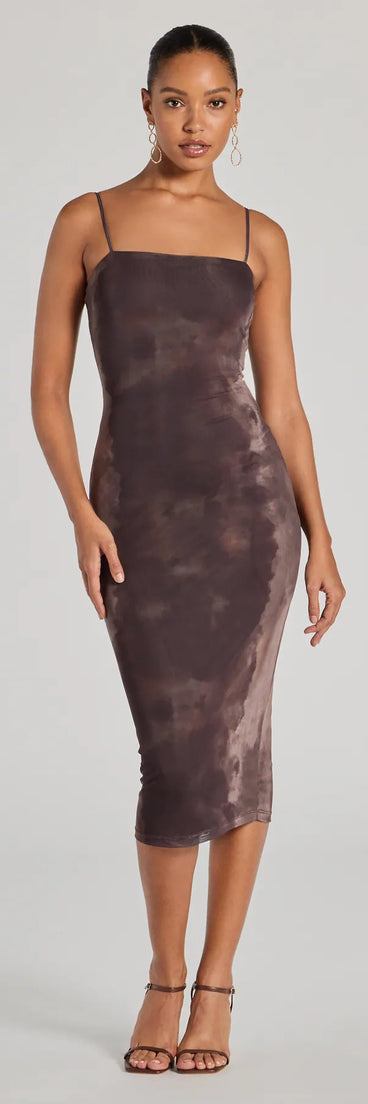 Celebrate the special day in the Chicly Femme Bodycon Abstract Mesh Midi Dress, a brown country wedding guest dress with soft, romantic details that blend charm and sophistication.