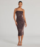 Celebrate the special day in the Chicly Femme Bodycon Abstract Mesh Midi Dress, a brown country wedding guest dress with soft, romantic details that blend charm and sophistication.