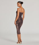 Revamp your 2025 wardrobe with this chic addition, the Chicly Femme Bodycon Abstract Mesh Midi Dress in brown, perfect for elevating your style in the new year.