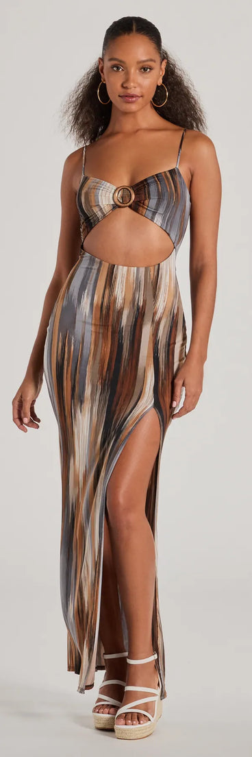 Revamp your 2025 wardrobe with this chic addition, the Beauty On Vacay Cutout Abstract Maxi Dress in gray, perfect for elevating your style in the new year.