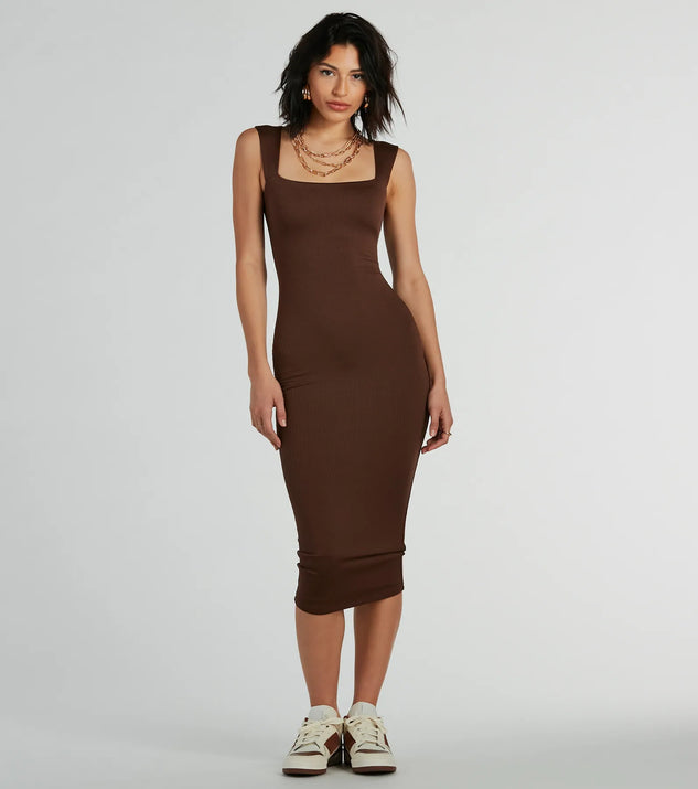 The Smooth Silhouette Square Neck Tank Midi Dress offers a versatile winter style, with a cozy sweater knit perfect for office wear, casual day outings, or layered winter outfits.