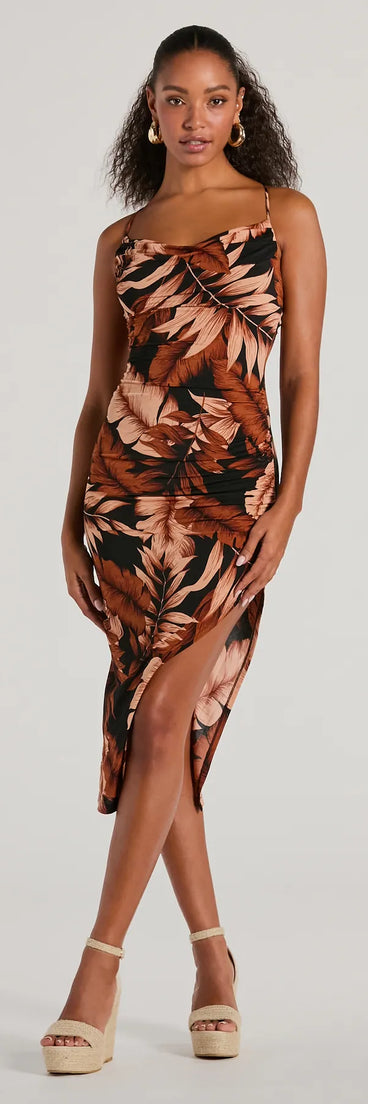 Make a statement in the Dreaming Of Paradise Cowl Neck Tropical Midi Dress, a black bodycon dresses that blends unique design details with a tight silhouette for a head-turning holiday or New Year's eve dress.