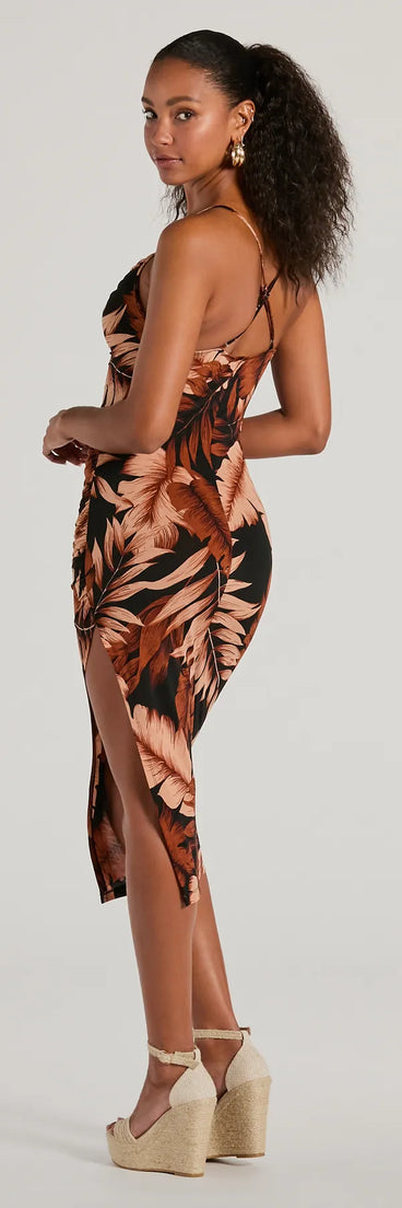 Make a statement in the Dreaming Of Paradise Cowl Neck Tropical Midi Dress, a black bodycon dresses that blends unique design details with a tight silhouette for a head-turning holiday or New Year's eve dress.