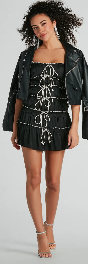 Adorably Chic Bow-Detailed Ruffled Mesh Mini Dress