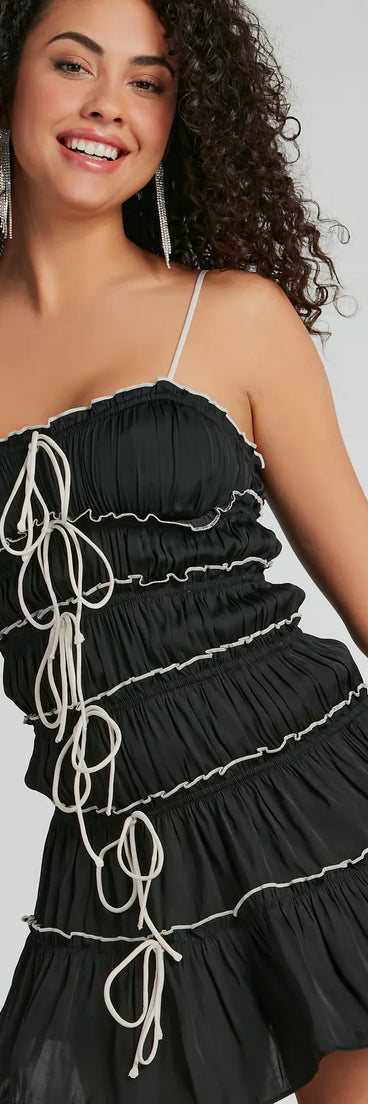 Adorably Chic Bow-Detailed Ruffled Mesh Mini Dress