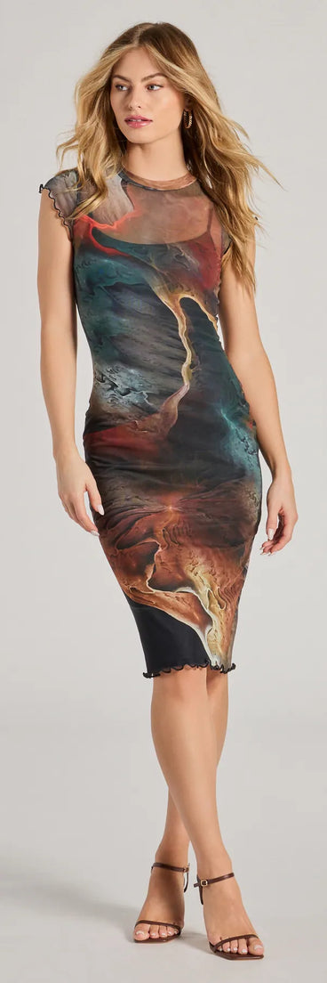 With its mid-calf hem and popular flattering fit, the Bold Allure Abstract Print Mesh Midi Dress in brown nails the balance of trend and ease, redefining go-to midi dresses for any occasion.