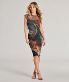 With its mid-calf hem and popular flattering fit, the Bold Allure Abstract Print Mesh Midi Dress in brown nails the balance of trend and ease, redefining go-to midi dresses for any occasion.