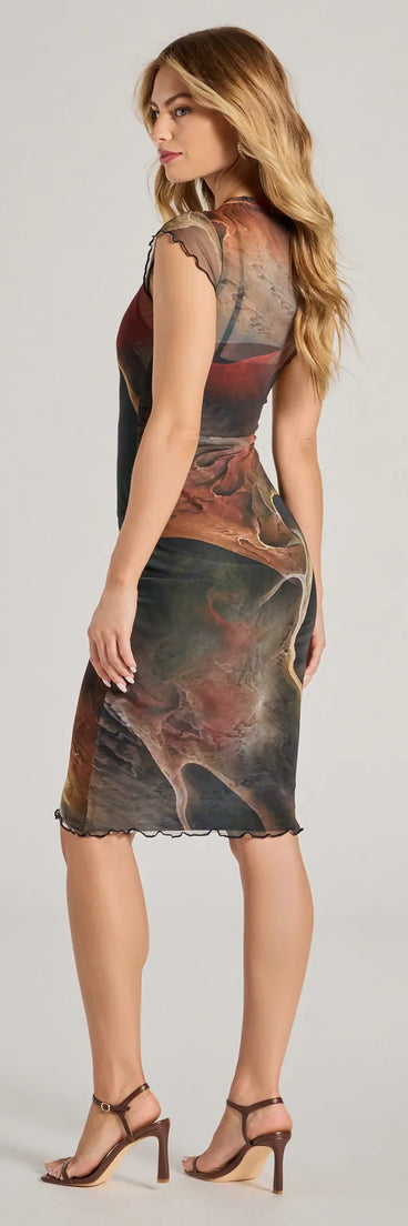 The Bold Allure Abstract Print Mesh Midi Dress in brown is a women's workwear piece offering a trendy style and unique accents, perfect for effortlessly creating an outfit-of-the-day look that transitions your office look to going-out ready.