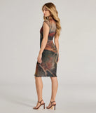 The Bold Allure Abstract Print Mesh Midi Dress in brown is a women's workwear piece offering a trendy style and unique accents, perfect for effortlessly creating an outfit-of-the-day look that transitions your office look to going-out ready.