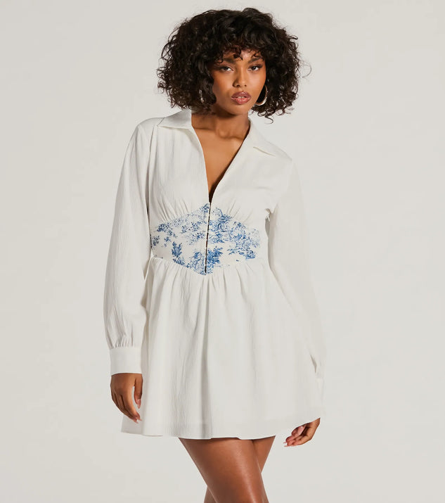 Step into winter chic with the Delightful View Collared Scenic Waist Skater Dress, a white mini dress featuring an above-the-knee cut ideal for cocktail parties, festive gatherings, or clubwear.