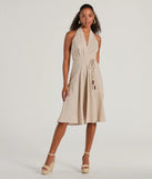 The midi dress length on the Delightful Charm Halter A-Line Midi Dress provides an elevated silhouette perfect for any party, occasion, or everyday styling.