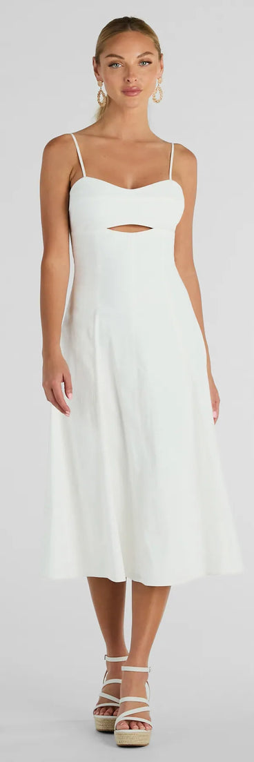 The midi dress length on the Sensational Delight Sweetheart Cutout Midi Dress provides an elevated silhouette perfect for any party, occasion, or everyday styling.