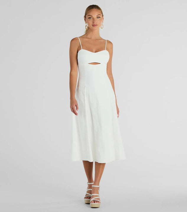 The midi dress length on the Sensational Delight Sweetheart Cutout Midi Dress provides an elevated silhouette perfect for any party, occasion, or everyday styling.
