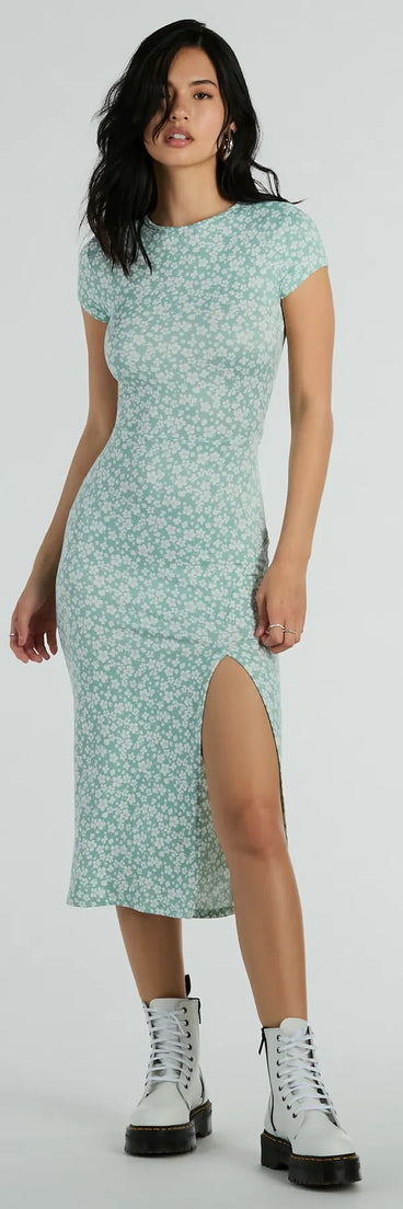 Spring Fling High Slit Ditsy Floral Knit Midi Dress
