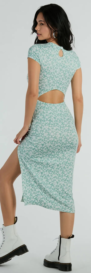 Spring Fling High Slit Ditsy Floral Knit Midi Dress