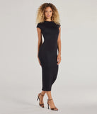 Make a bold statement in the Basic Charm Crew Neck Bodycon Midi Dress in black, the perfect spring dress for weddings, cocktail hours, nights out, and/or seasonal celebrations.
