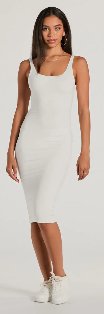The midi dress length on the Done In One Ribbed Knit Bodycon Midi Dress provides an elevated silhouette perfect for any party, occasion, or everyday styling.