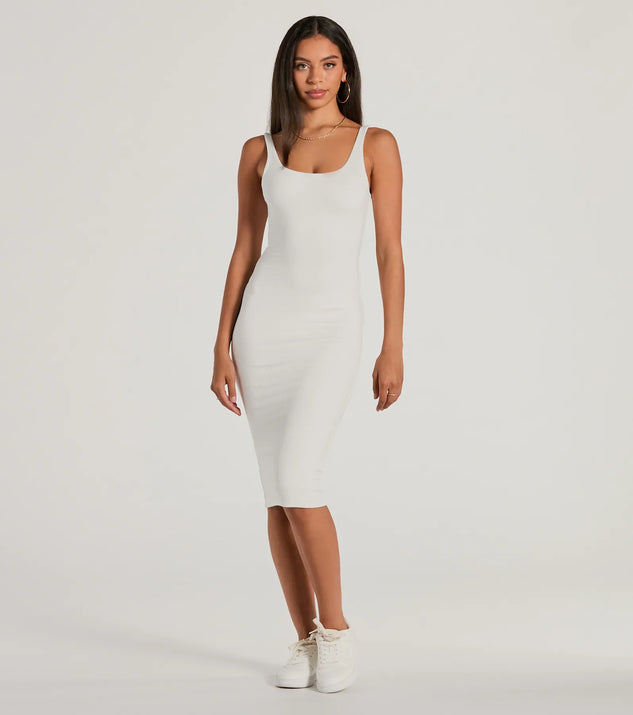 The midi dress length on the Done In One Ribbed Knit Bodycon Midi Dress provides an elevated silhouette perfect for any party, occasion, or everyday styling.