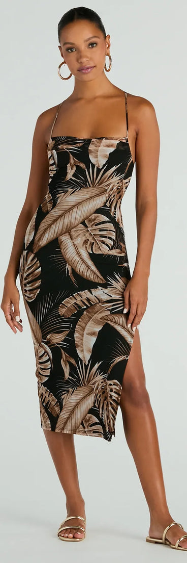 The midi dress length on the Alluring Vacay High Slit Tropical Mesh Midi Dress provides an elevated silhouette perfect for any party, occasion, or everyday styling.