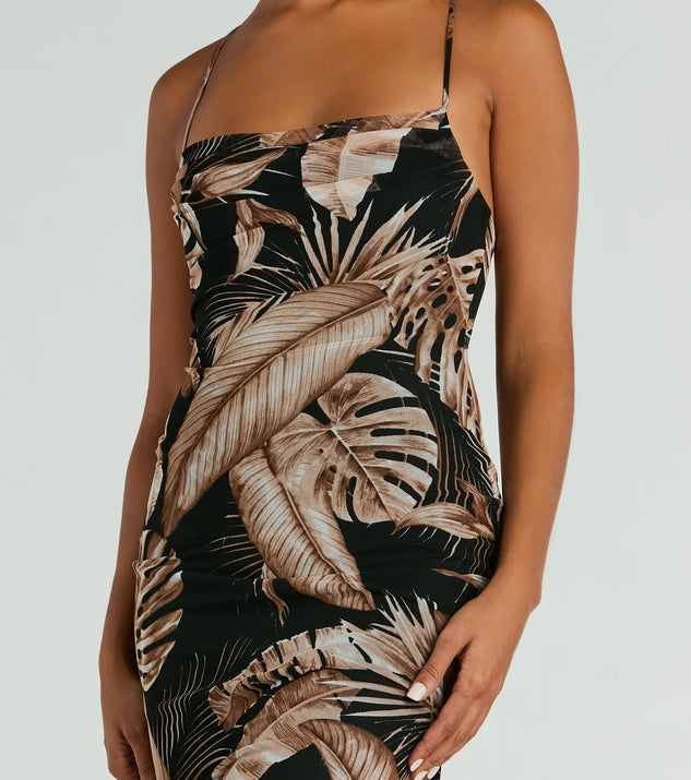 open lace back dress Alluring Vacay High Slit Tropical Mesh Midi Dress